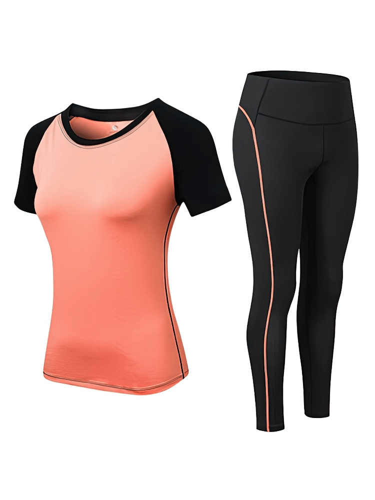 Sports Elastic Women's Short-Sleeve Split Suit in coral and black for training, ideal for yoga and running, SF1128
